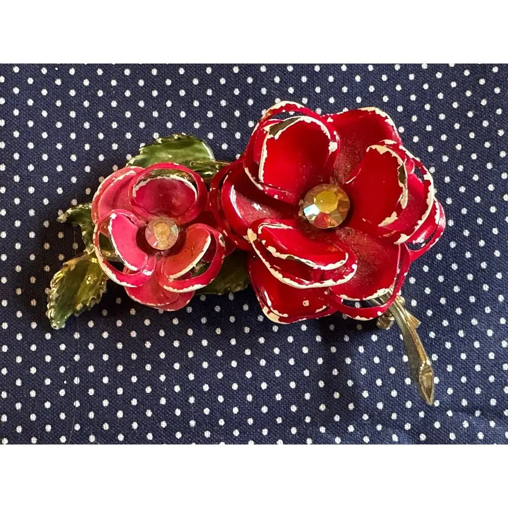 Vintage 3D Vendome Red Enamel Flower Brooch 1960's Esate Piece